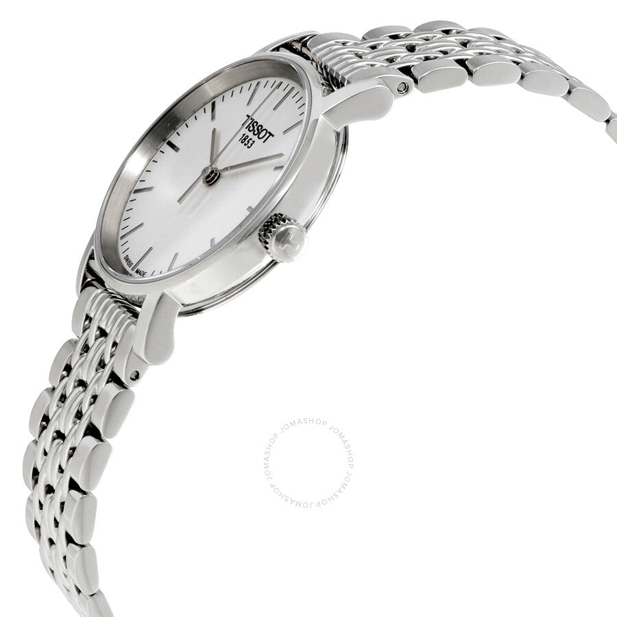 Tissot Everytime ladies watch angled view showing silver dial and metal bracelet