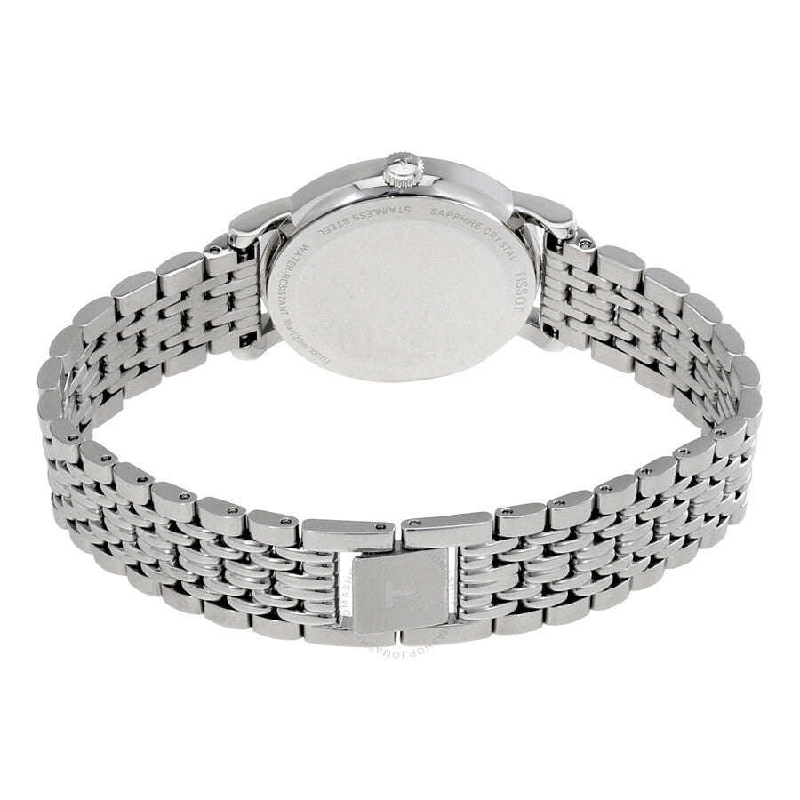 Tissot Everytime ladies watch back view showing stainless steel case and bracelet
