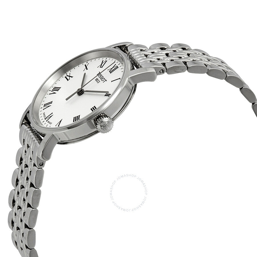 Tissot Everytime Small watch shown at angle with white dial and articulated stainless steel bracelet