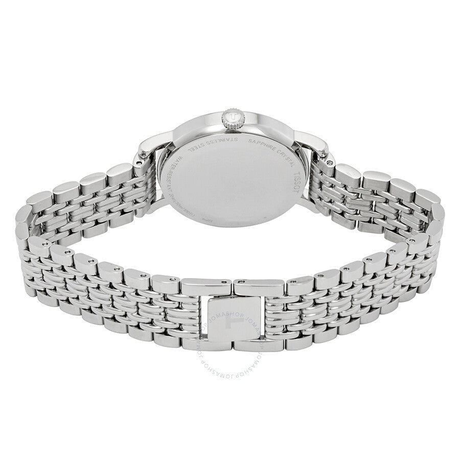 Tissot Everytime Small watch caseback view showing stainless steel case and link bracelet