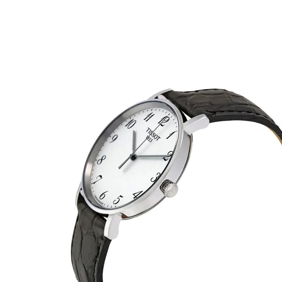 Tissot Everytime Small watch side profile with stainless steel case and black leather strap