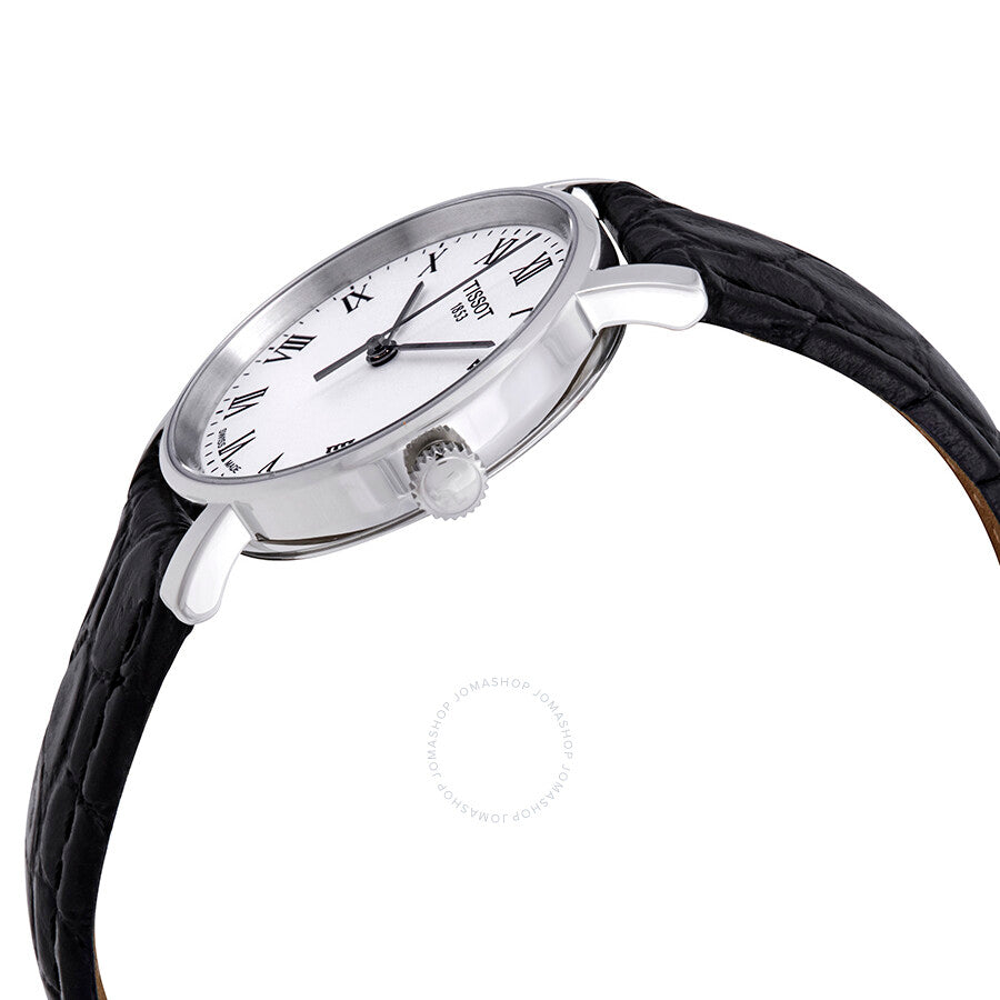 Tissot Everytime Small ladies watch side profile view showing case depth and black leather strap