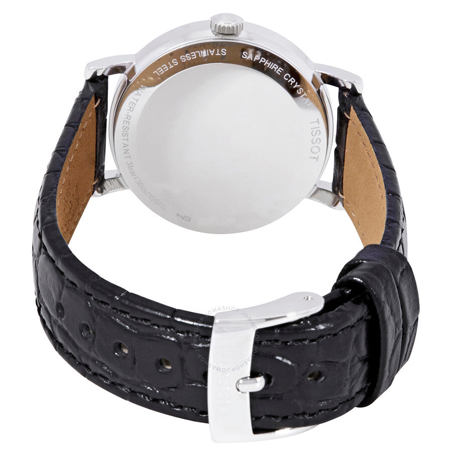 Tissot Everytime Small caseback view showing sapphire crystal and black crocodile-pattern leather strap