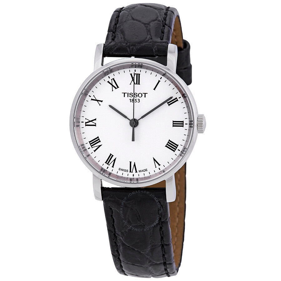 Tissot Everytime Small white dial ladies watch with Roman numerals, stainless steel case and black leather strap