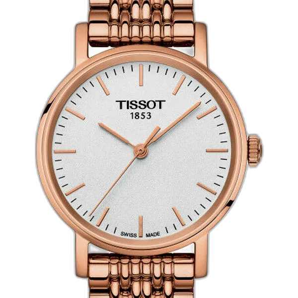 Close-up of Tissot Everytime Small white dial with rose gold hour markers and hands
