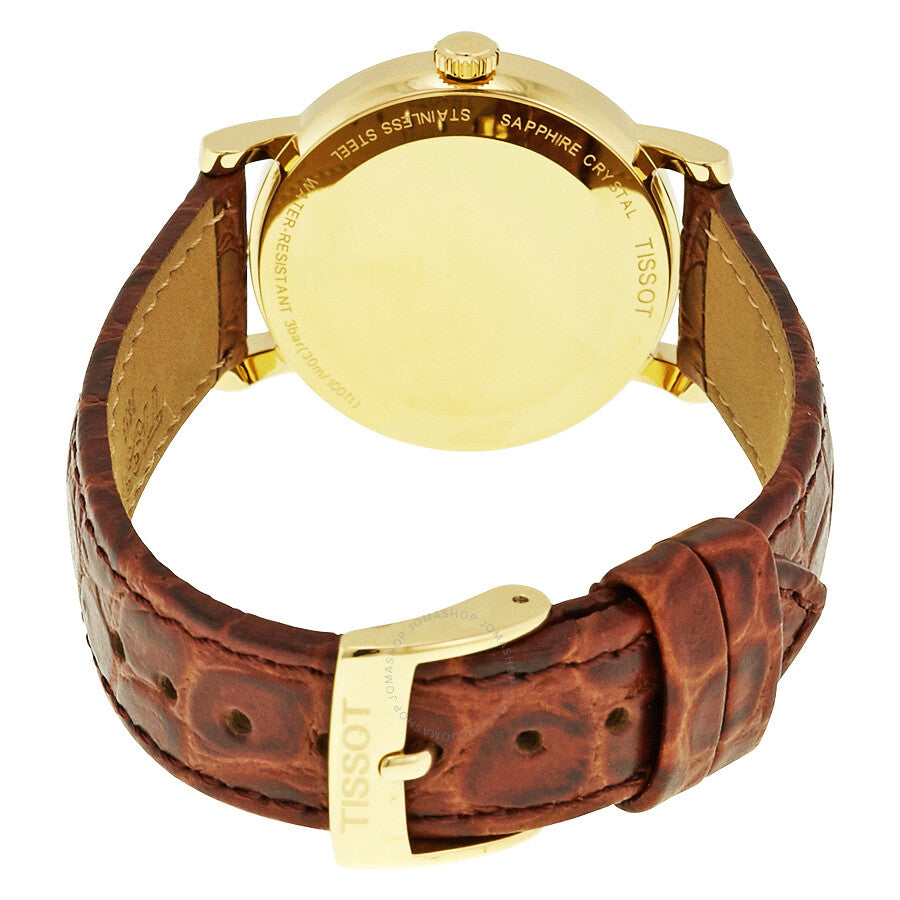 Tissot Everytime watch caseback showing sapphire crystal and brown leather strap detail
