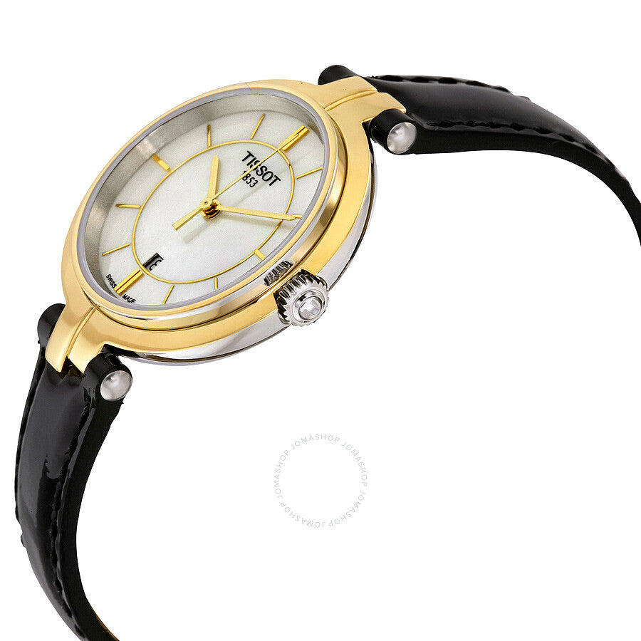 Angled view of Tissot Flamingo watch showing gold case, mother of pearl dial, and black strap