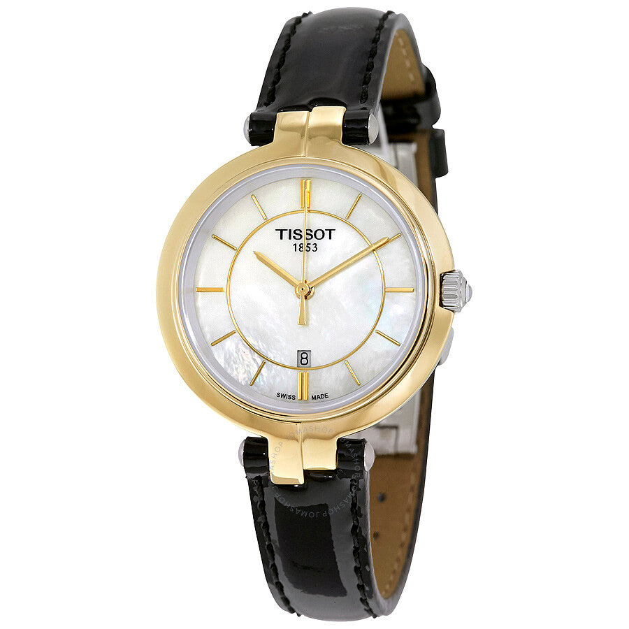 Tissot Flamingo ladies watch with gold-tone case, mother of pearl dial, and black leather strap