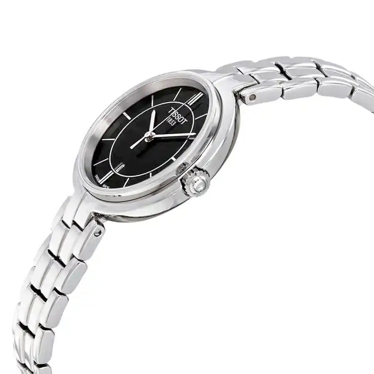 Tissot Flamingo watch side angle view showing stainless steel bracelet and black dial