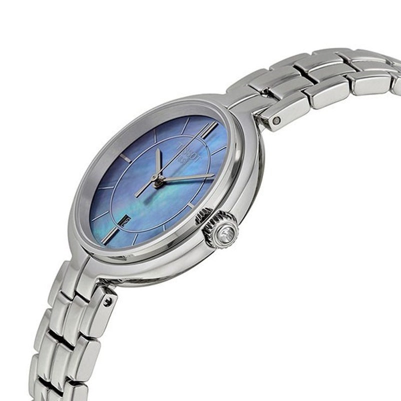 Tissot Flamingo ladies watch on wrist with blue gradient mother of pearl dial