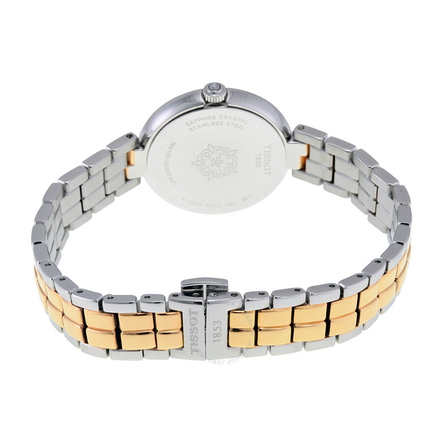Caseback of Tissot Flamingo watch showing two-tone stainless steel bracelet