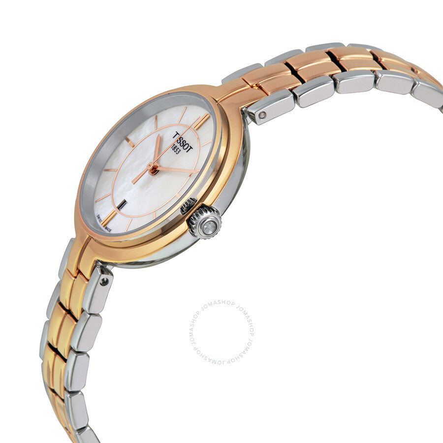 Side angle view of Tissot Flamingo watch showing two-tone bracelet and rose gold bezel