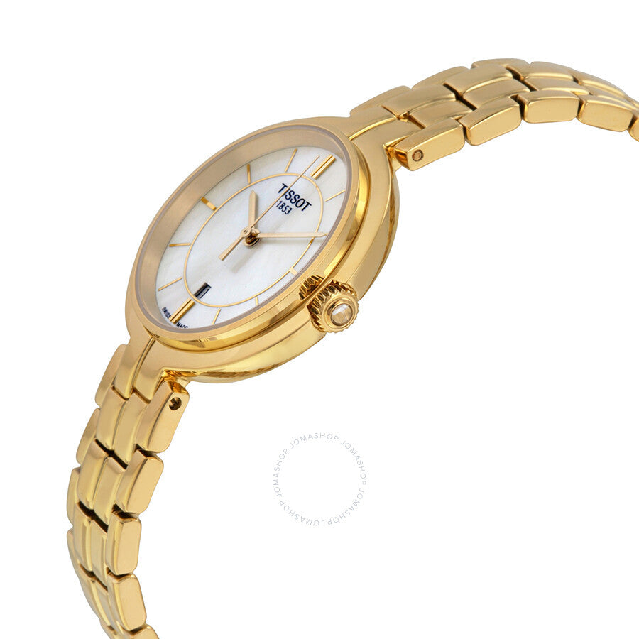 Tissot Flamingo ladies watch side view showing gold-tone bracelet and case profile