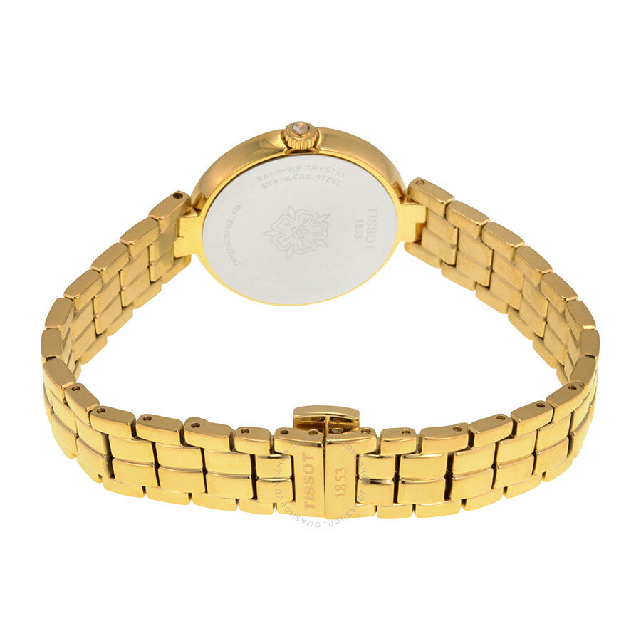 Tissot Flamingo ladies watch caseback view with gold-tone bracelet