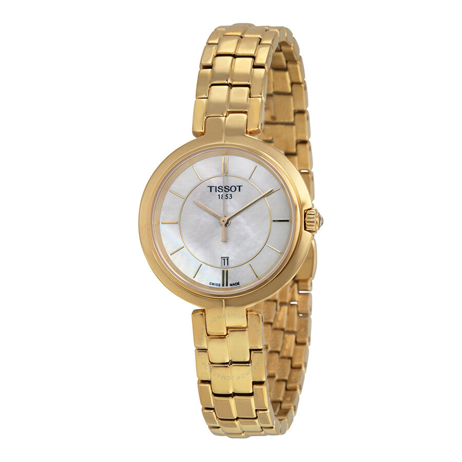 Tissot Flamingo ladies watch with white mother of pearl dial and gold-tone case