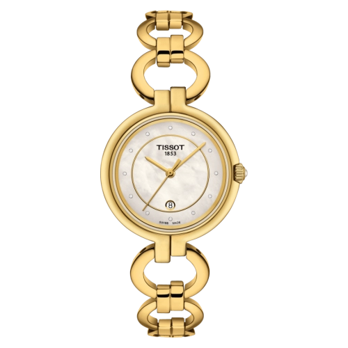 Tissot Flamingo gold-tone women's watch with white mother of pearl dial and diamond indices