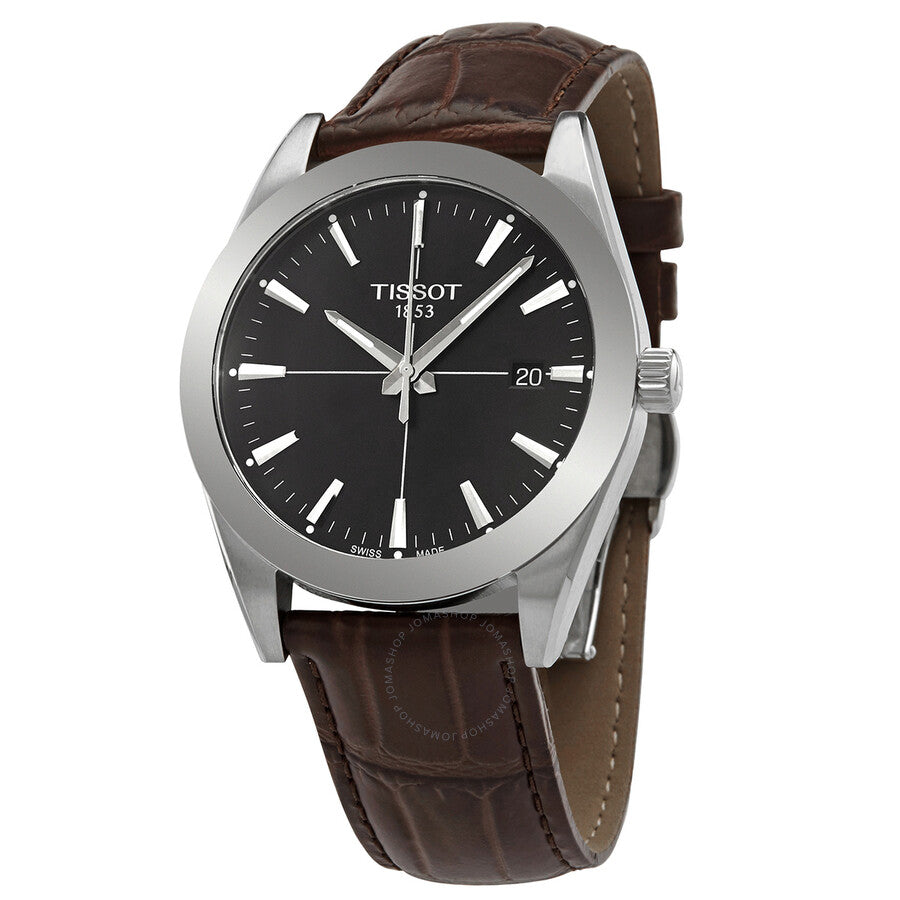 Tissot Gentleman quartz watch with black dial, stainless steel case, and brown leather strap