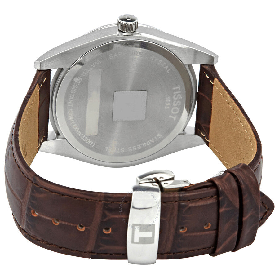 Tissot Gentleman watch caseback showing stainless steel case with brown leather strap