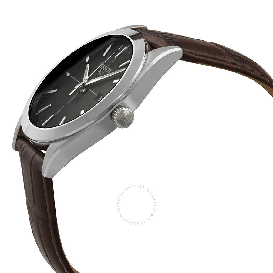 Tissot Gentleman watch angled view showing black dial and brown leather strap