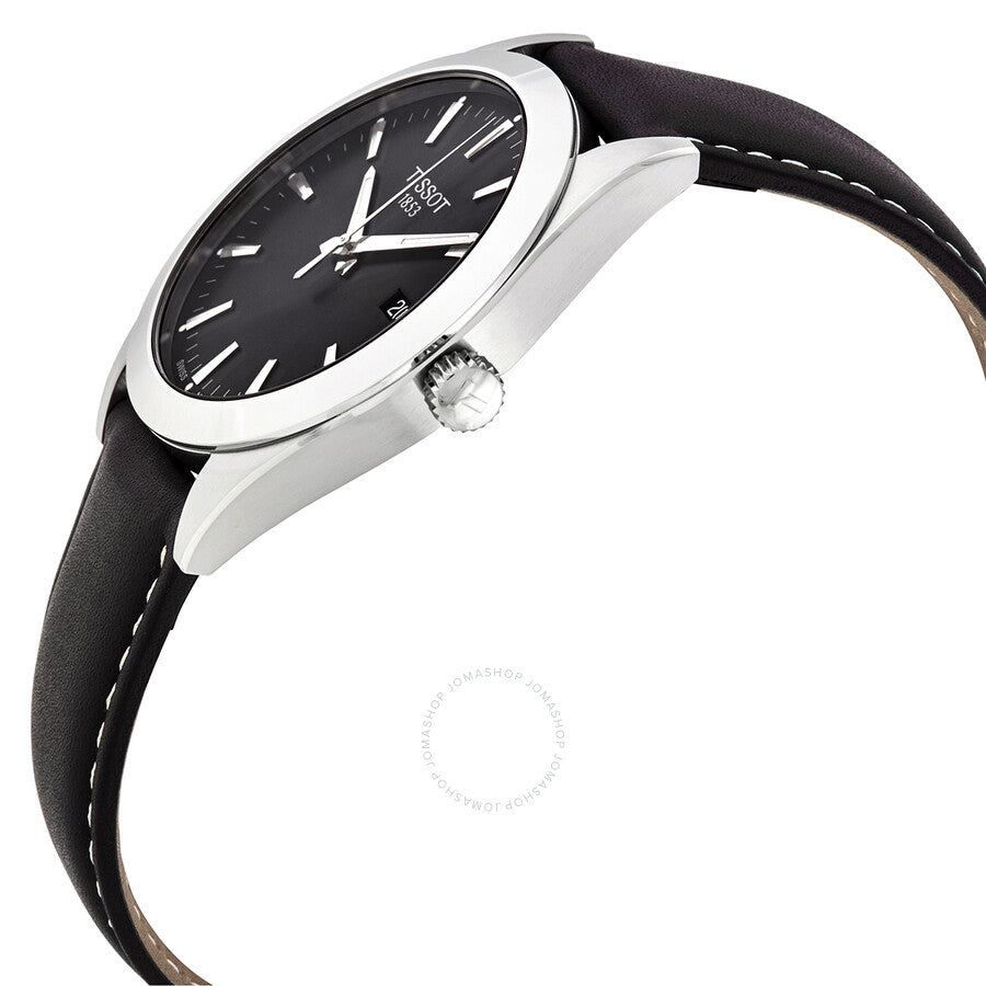 Tissot Gentleman watch shown at angle with crown and black leather strap visible
