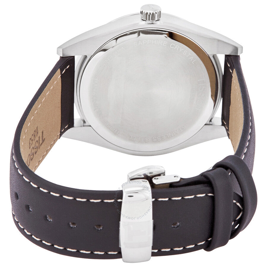 Tissot Gentleman watch caseback showing polished stainless steel with black leather strap