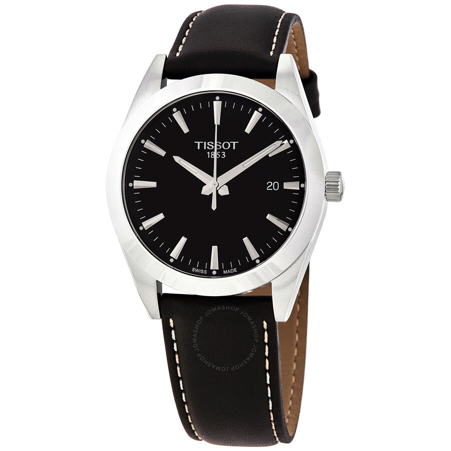 Tissot Gentleman quartz watch with black dial, stainless steel case, and black leather strap