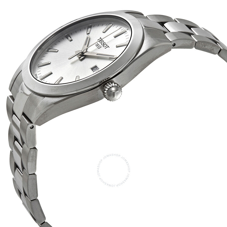 Tissot Gentleman watch angled view showing silver dial and stainless steel case