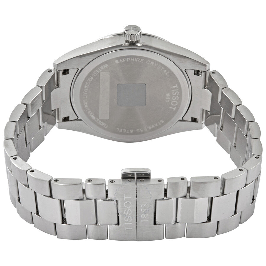 Tissot Gentleman watch caseback showing stainless steel bracelet and sapphire crystal