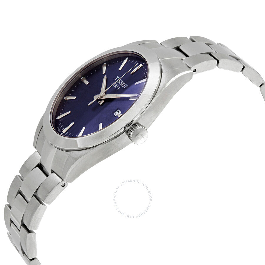 Tissot Gentleman watch angled view showing blue dial and steel bracelet