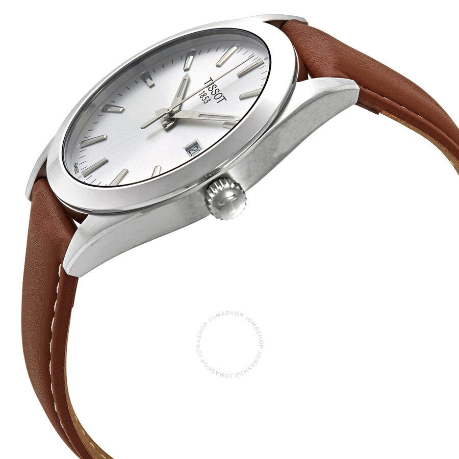 Tissot Gentleman watch side angle view showing stainless steel case and brown leather strap