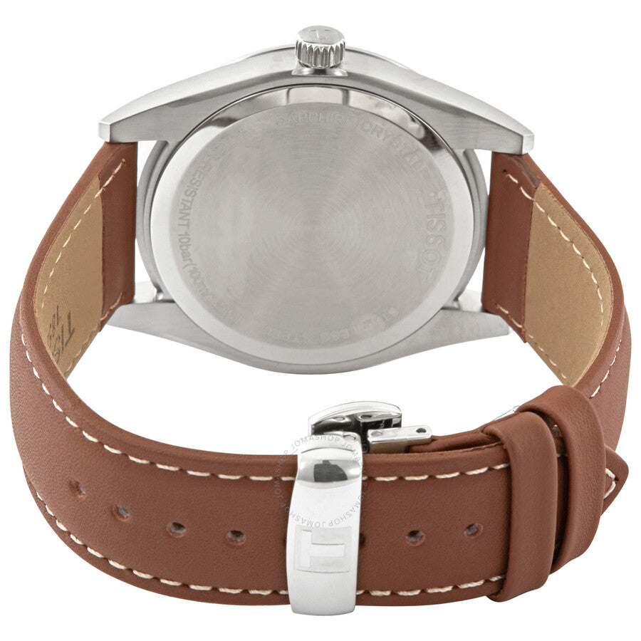 Tissot Gentleman watch caseback showing stainless steel back and brown leather strap with buckle