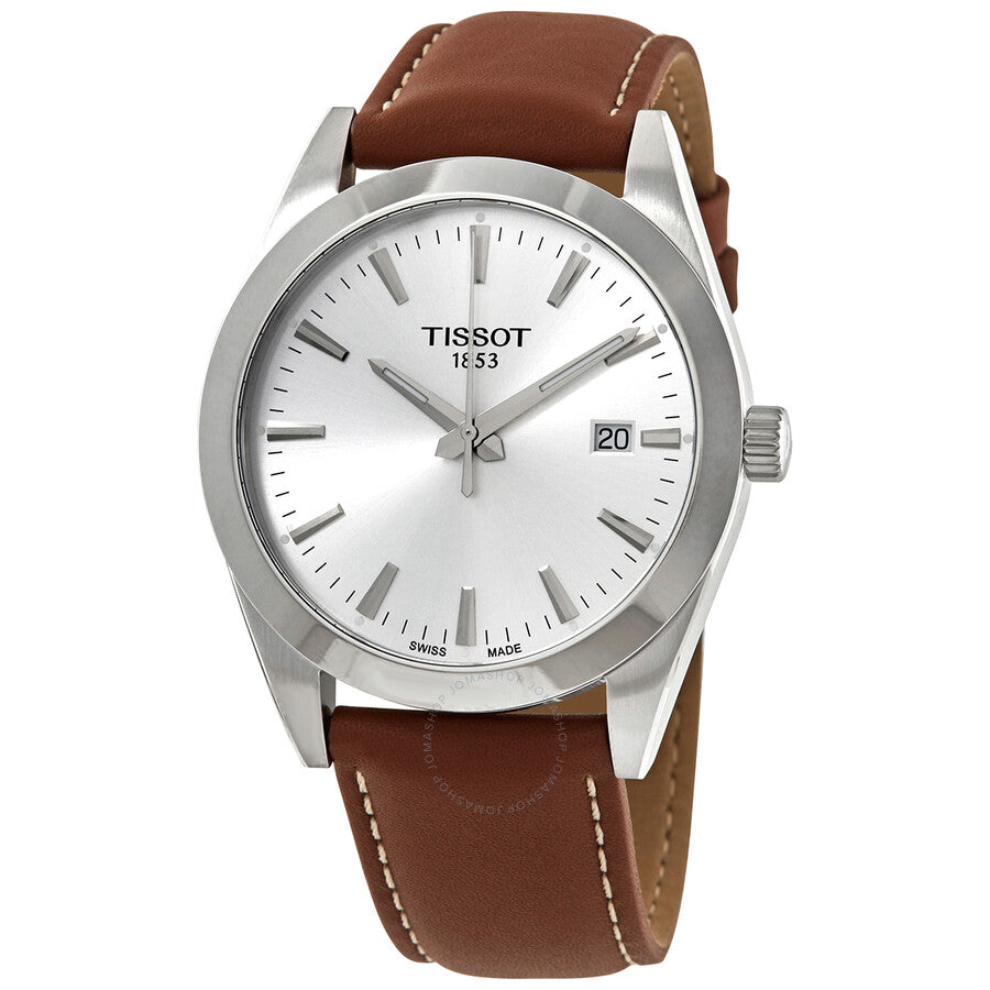 Tissot Gentleman quartz watch with silver dial, stainless steel case, and brown leather strap