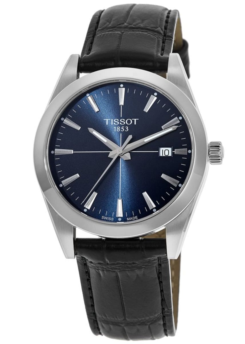 Tissot Gentlemen watch at three-quarter angle showing blue dial and crocodile-embossed black leather strap
