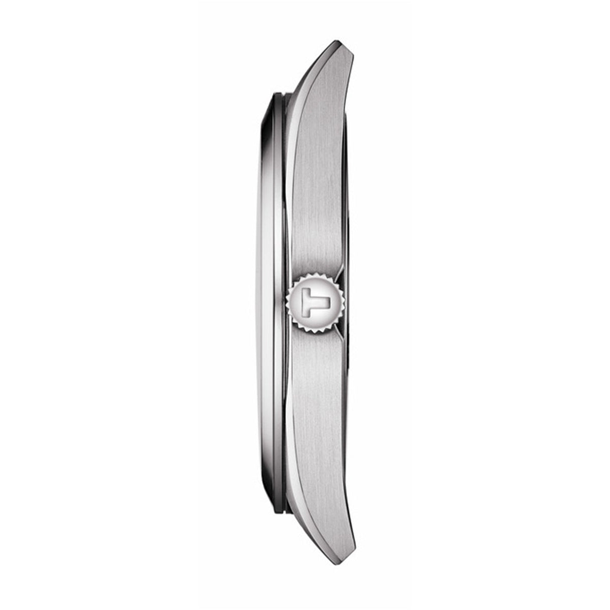 Caseback view of Tissot Gentlemen watch showing stainless steel case profile and Tissot logo