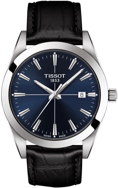 Tissot Gentlemen watch with blue dial, silver case, black leather strap, and date window