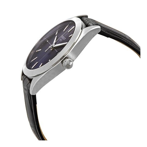 Side profile view of Tissot Gentlemen watch with blue dial and black leather strap