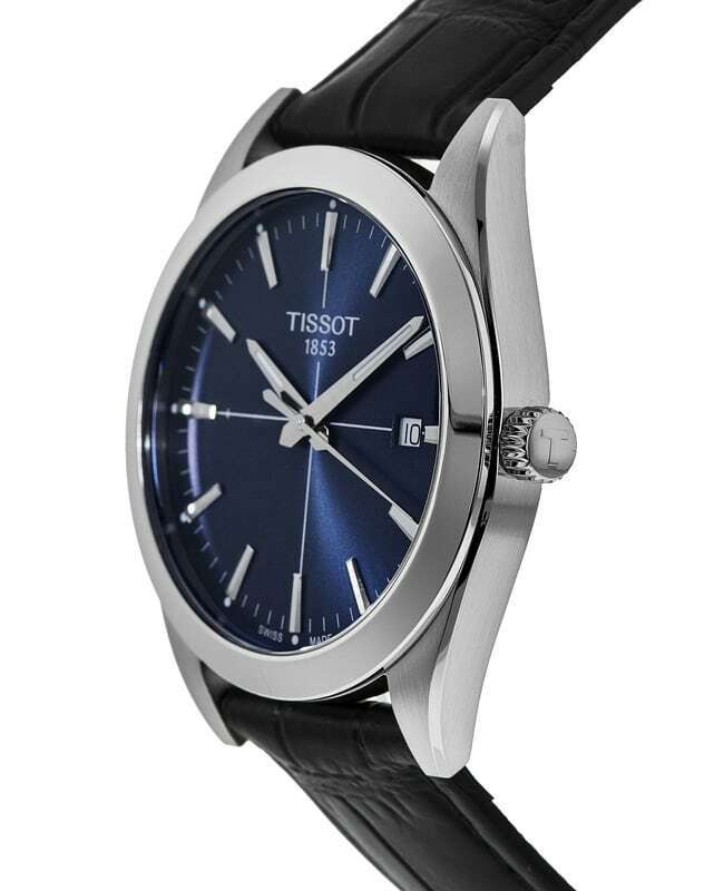 Tissot Gentlemen watch from the side showcasing silver case profile and black leather strap