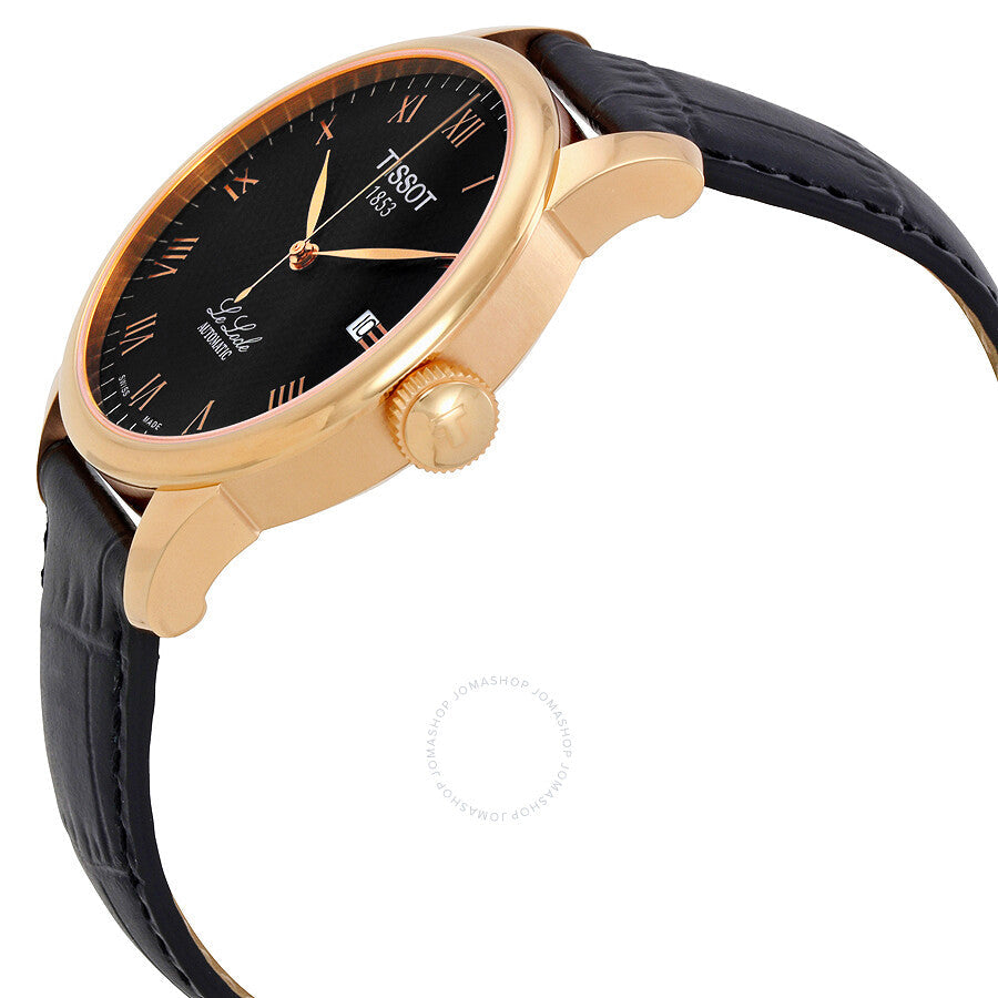 Side angle view of Tissot Le Locle watch showing rose gold case, black dial, and crown