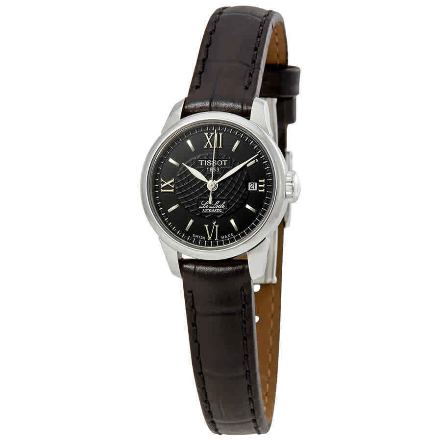 Tissot Le Locle Automatic Lady watch at three-quarter angle showing black leather strap