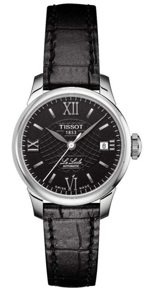 Tissot Le Locle Automatic Lady black dial watch with stainless steel case and black leather strap
