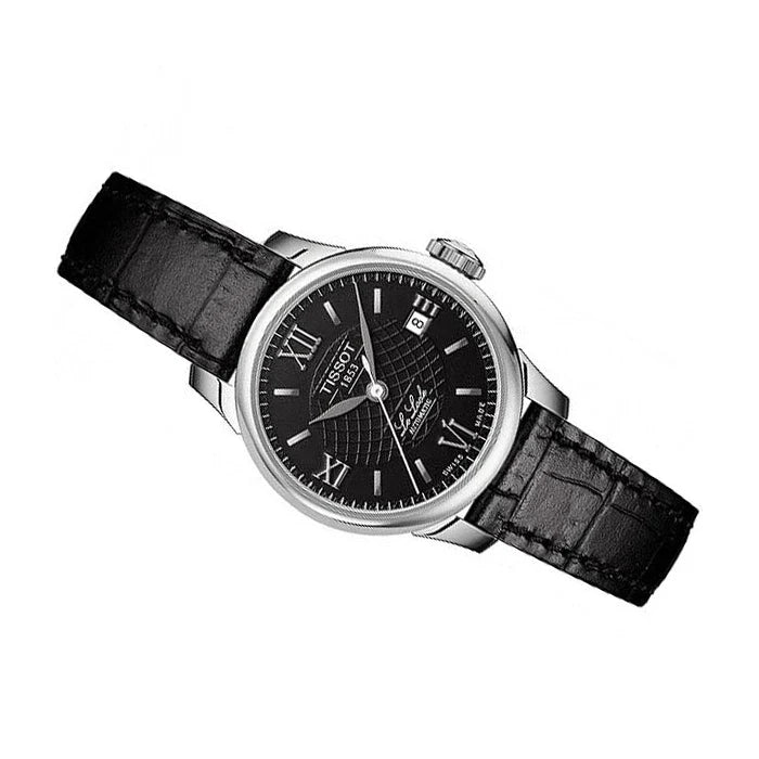 Tissot Le Locle Automatic Lady watch with stainless steel case and crocodile-pattern black leather strap