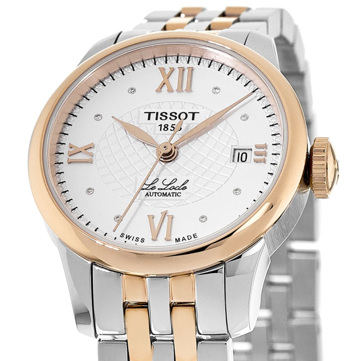 Tissot Le Locle Automatic Lady silver dial detail with Roman numerals and diamond indices