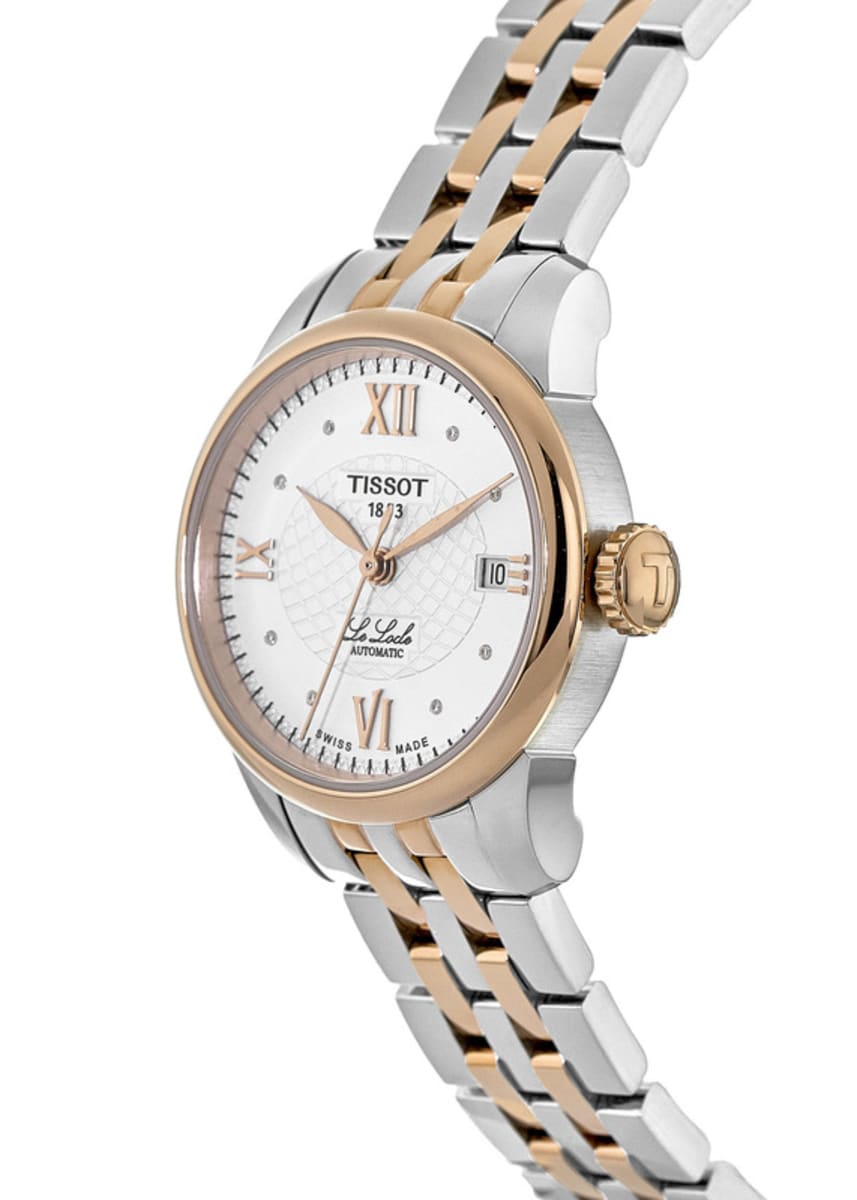 Tissot Le Locle Automatic Lady watch side profile showing crown and two-tone case