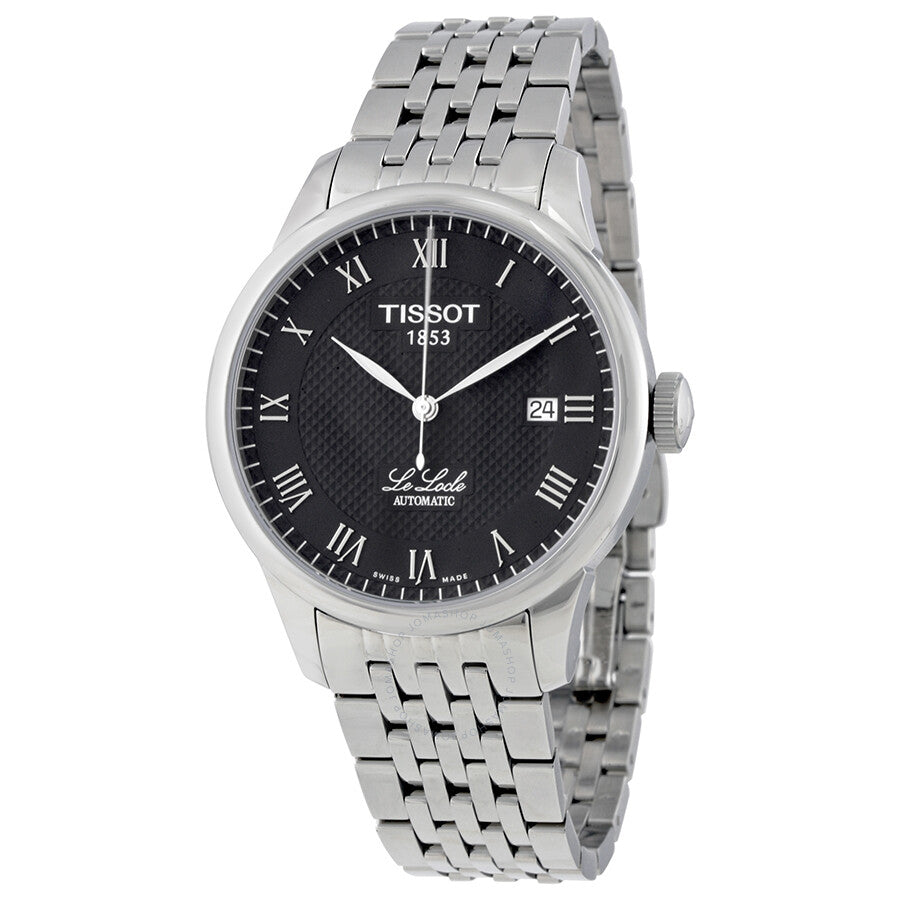 Tissot Le Locle Automatic men's watch with black dial, Roman numerals, stainless steel bracelet