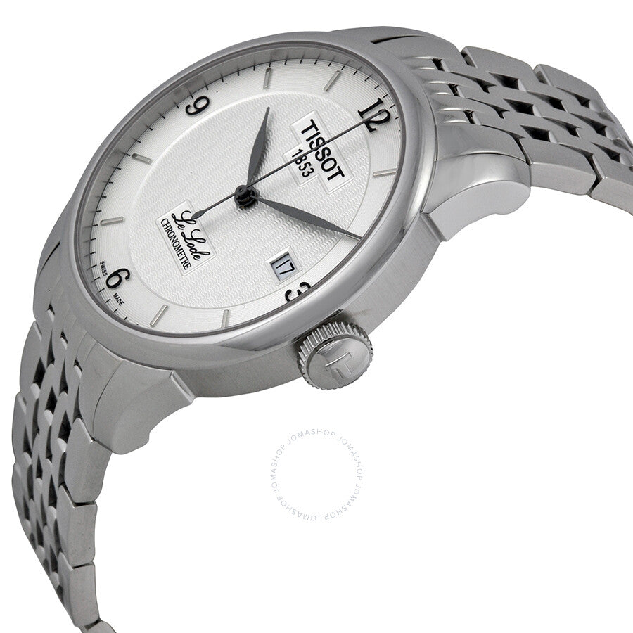 Tissot Le Locle Chronometre watch angled view showing silver dial and steel bracelet
