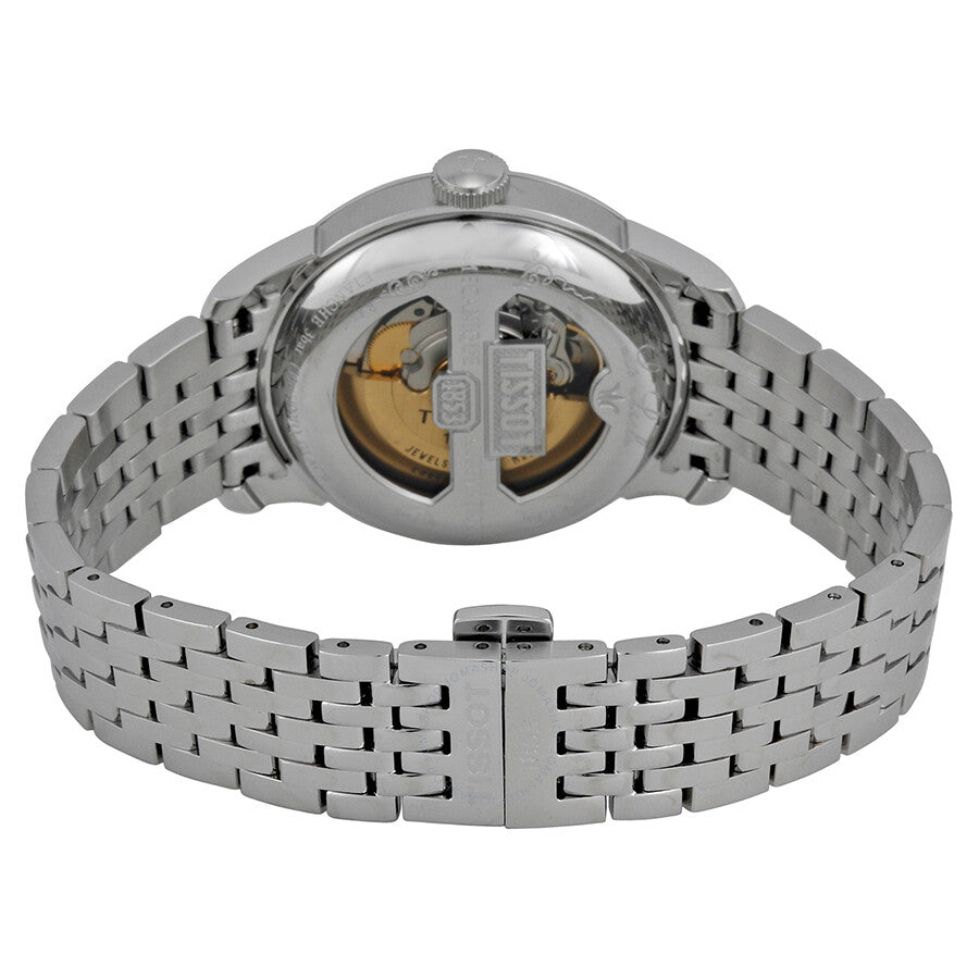 Tissot Le Locle Chronometre caseback showing visible gold movement and steel bracelet