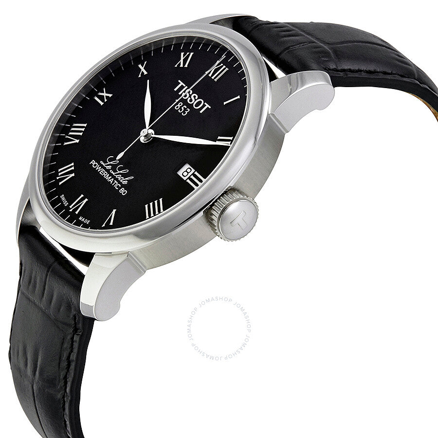 Tissot Le Locle Powermatic 80 watch from side angle showing stainless steel case and black crocodile leather strap