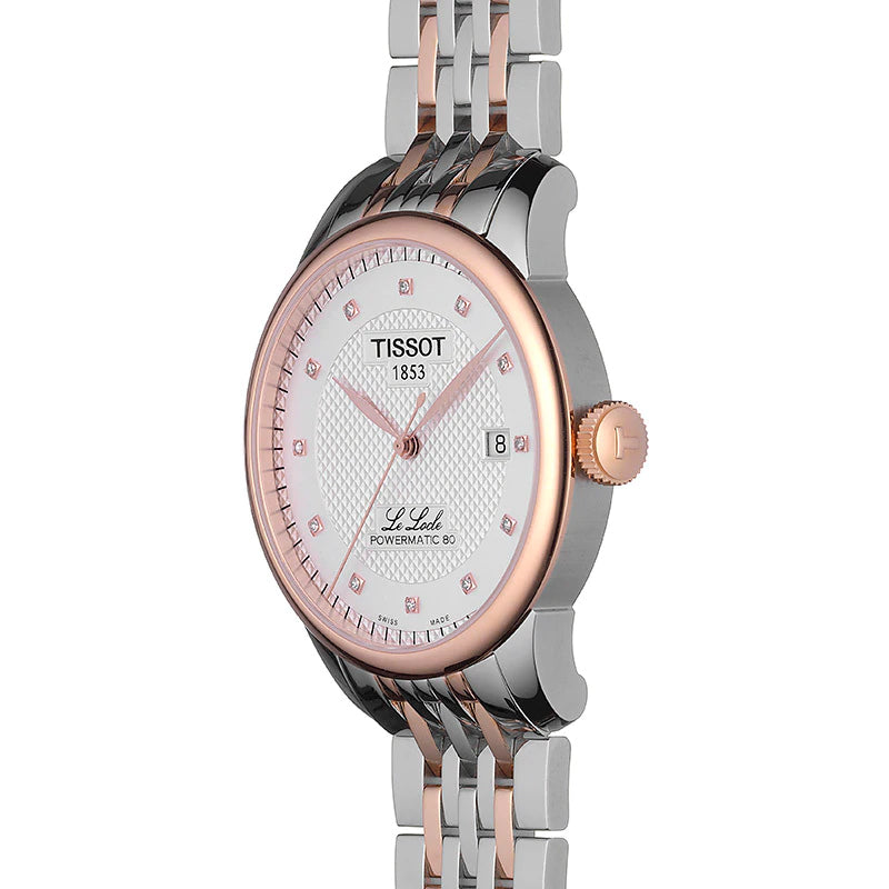 Tissot Le Locle Powermatic 80 angled view showing rose gold bezel and two-tone bracelet