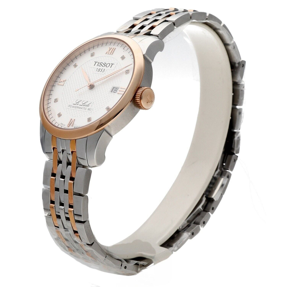 Tissot Le Locle Powermatic 80 side profile with two-tone stainless steel case and bracelet