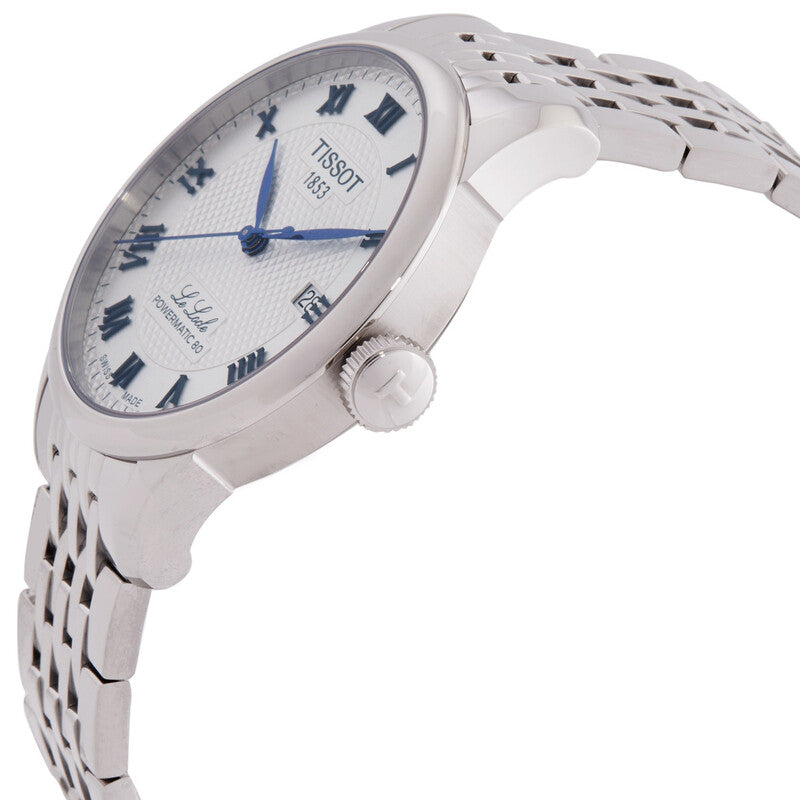 Angle view of Tissot Le Locle watch showing case profile and steel bracelet
